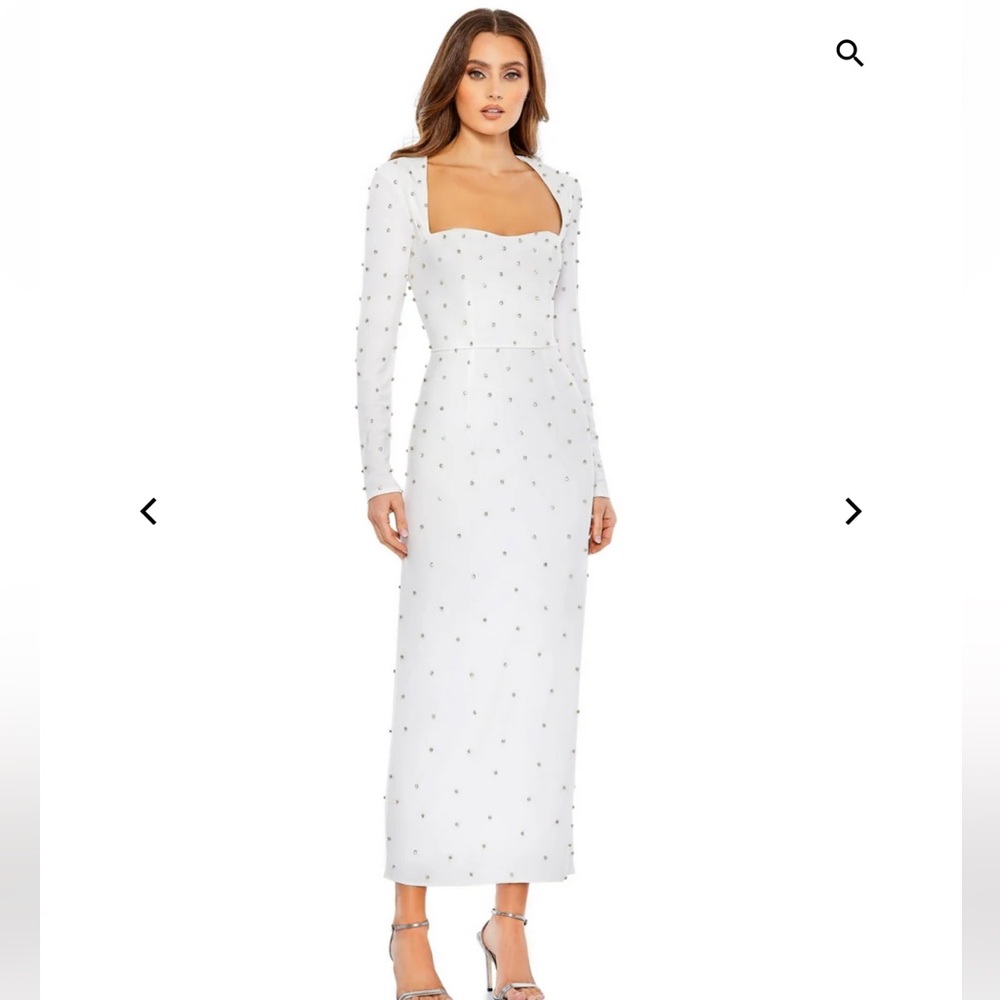 Embellished White Long Sleeve Midi Dress with Square Neckline